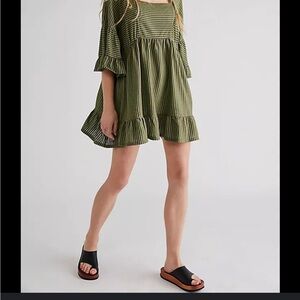 Free People El Mar- Green Striped Ruffle Mini Dress